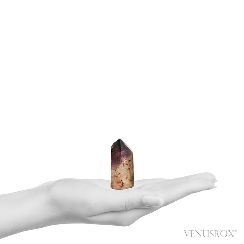 Amethyst with Citrine & Hematite Phantoms in Clear Quartz Polished Point from Cristalina, Goiás, Brazil | Venusrox