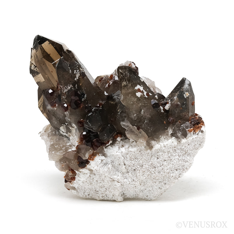 Spessartine Garnet with Smoky Quartz and Orthoclase Natural Cluster from Wushan Spessartine Mine, Tongbei, Yunxiao Co., Zhangzhou Prefecture, Fujian Province, China | Venusrox