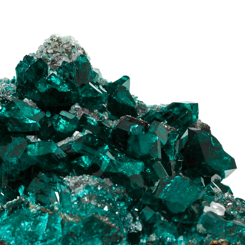 Dioptase with Calcite on Matrix Natural Cluster from Renéville, Kindanba District, Pool Department, Demacratic Republic of the Congo mounted on a bespoke stand | Venusrox