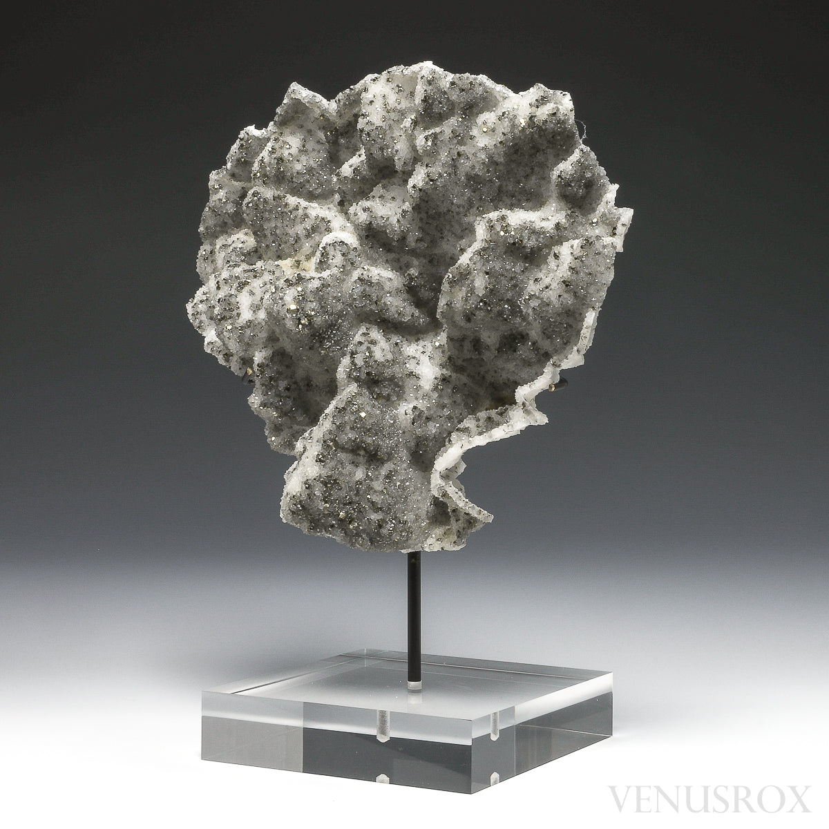 Pyrite on Quartz Natural Cluster from the Cavnic Mine, Cavnic, Maramureș County, Romania, mouted on a bespoke stand | Venusrox