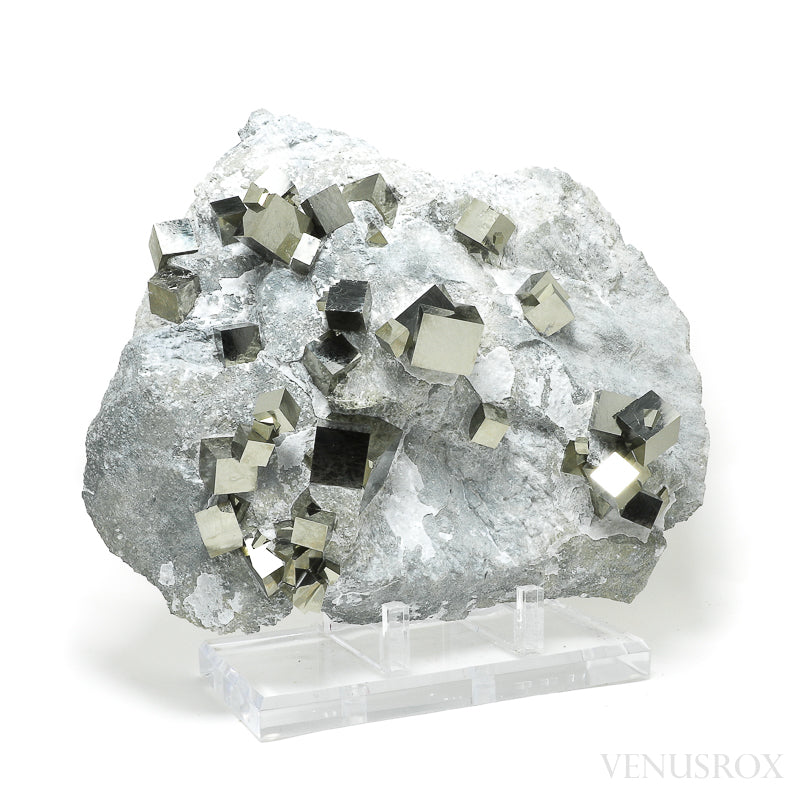 A naturally formed Pyrite Cubes in Matrix from Navajun, La Rioja, Spain mounted on a stand | Venusrox, the UK's Premier Crystal Showroom