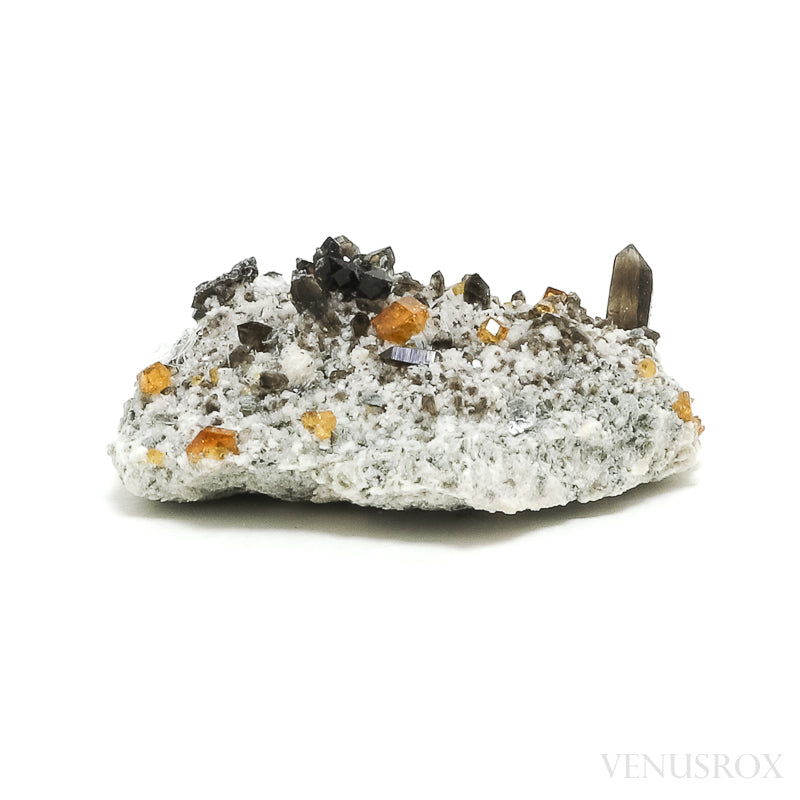 Spessartine Garnet with Smoky Quartz and Orthoclase Natural Cluster from Wushan Spessartine Mine, Tongbei, Yunxiao Co., Zhangzhou Prefecture, Fujian Province, China | Venusrox