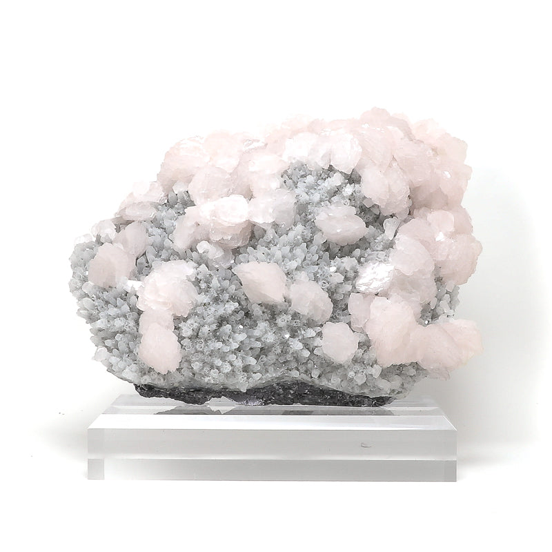 Pink Mangano Calcite with Clear Quartz, Pyrite & Galena Natural Cluster from Bulgaria mounted on a bespoke stand | Venusrox