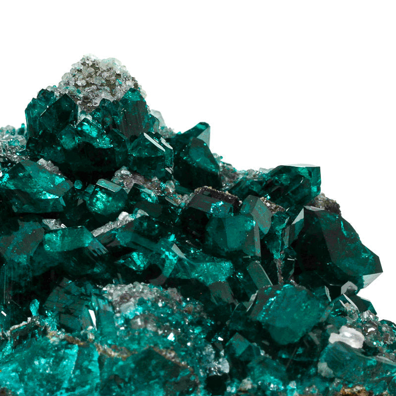Dioptase with Calcite on Matrix Natural Cluster from Renéville, Kindanba District, Pool Department, Demacratic Republic of the Congo mounted on a bespoke stand | Venusrox