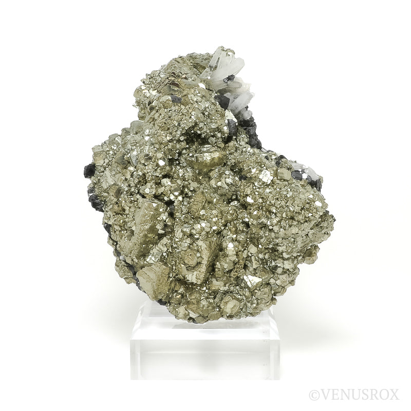 Pyrite with Clear Quartz & Sphalerite Natural Cluster from the Huanzala Mine, Huallanca District, Huanuco Department, Peru mounted on a bespoke stand | Venusrox